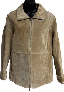 Guess Womens Size Large Genuine Leather Faux Shearling Jacket Coat Tan Brown GUC